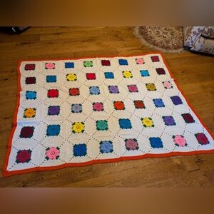 Vintage Handmade Granny Square Crochet Afghan Blanket - 3D Floral Rosettes